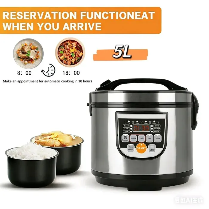 Cuiseur à riz grande capacité 5L 10 Fonctions Cuisson appareil de cuisine domestique Maintien au Chaud 220V 700W inoxy LED