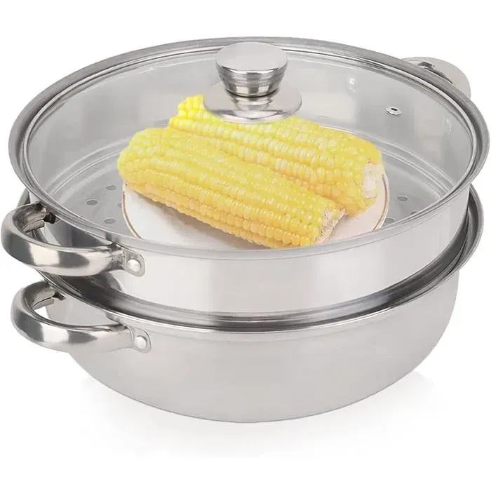 Cuiseur vapeur à 2 couches pour la cuisson marmite à vapeur en acier inoxydable de 28 cm avec couvercle en verre cuit M CUIT VAPEUR