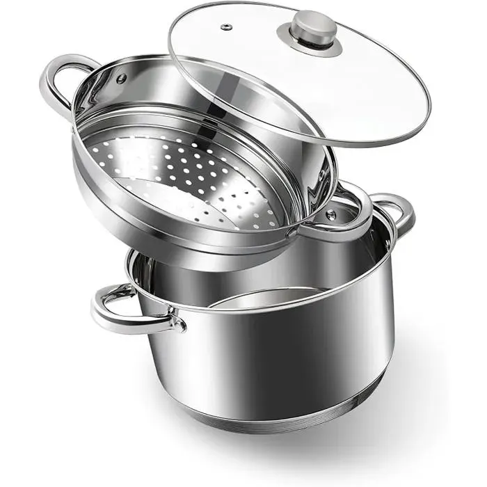 Cuiseur Vapeur à 3 Étages en Inox 18/10 avec Couvercle en Verre20CM Cuiseur Vapeur de 3 LitresEmpible3 Litres CUISEUR A VAPEUR