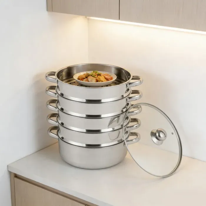 Cuiseur vapeur à 5 niveaux en acier inoxydable avec couvercle en verre multifonction (30 cm)
