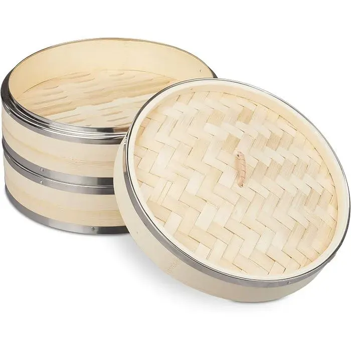 Cuiseur Vapeur Bambou2 NiveauxAnneaux en métalPanier AsiatiqueRizdimsumlégumesØ 24 cmNature CUISEUR A VAPEUR