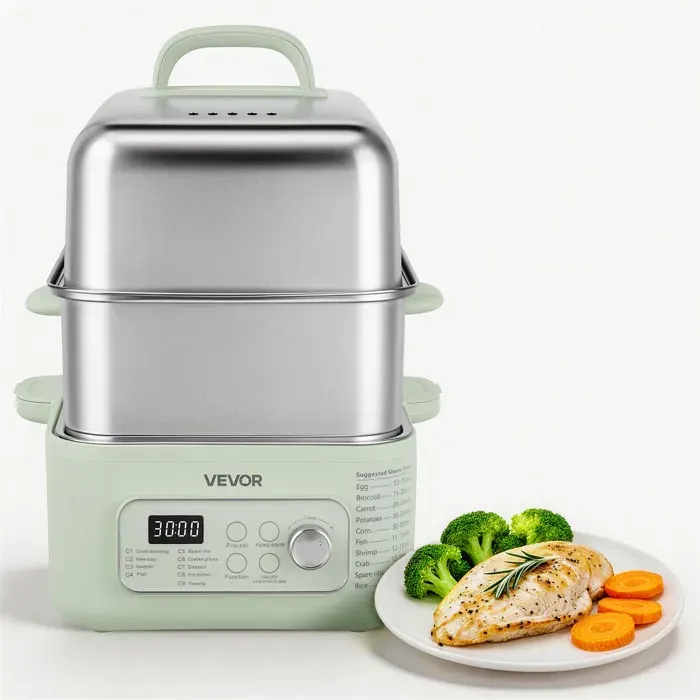 Cuiseur Vapeur Électrique 13 L-VEVOR-Cuit Vapeur 2 Niveaux en Inox Vert Pour 3 à 6 Portions Légumes Fruits Mer Riz Cuisson 1500 W