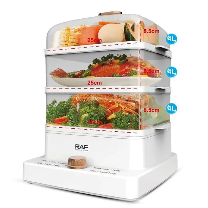 Cuiseur Vapeur Électrique RAF5238 1200W–3 Niveaux 4L+4L+4L (12L) Cuisson Rapide et Saine & Anti-Odeurspour BébéEntretien Facile