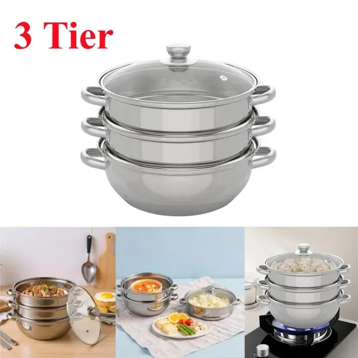 Cuiseur vapeur en acier inoxydable - Avec couvercle en verre - Légumes et pommes de terre - Grande marmite à soupe - 3 étages