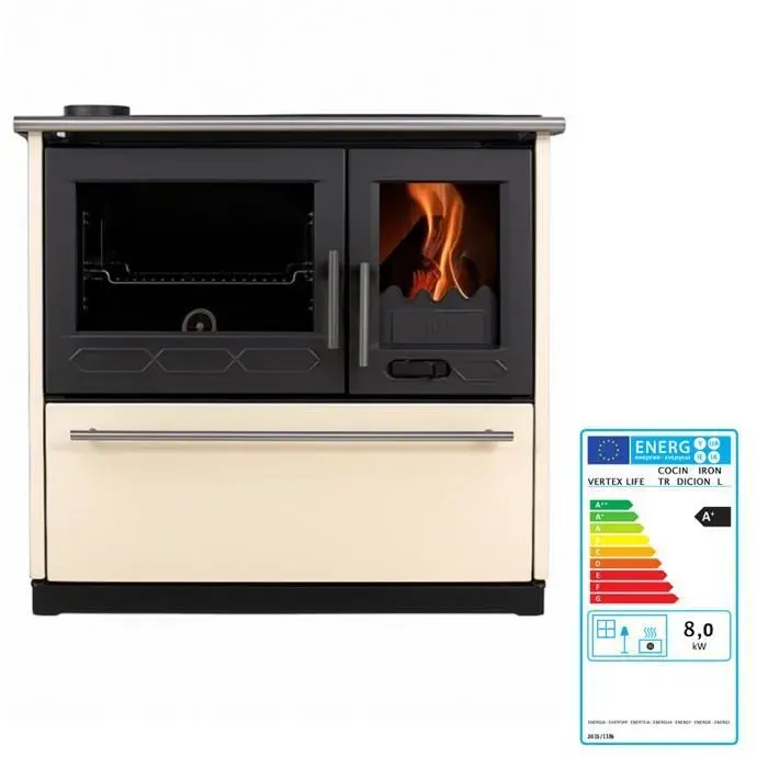 Cuisinière à bois 8 kW Iron – Rendement 837 % – Fonte et acier – Chauffe 170 m³ – Sortie 120 mm – Classe A+