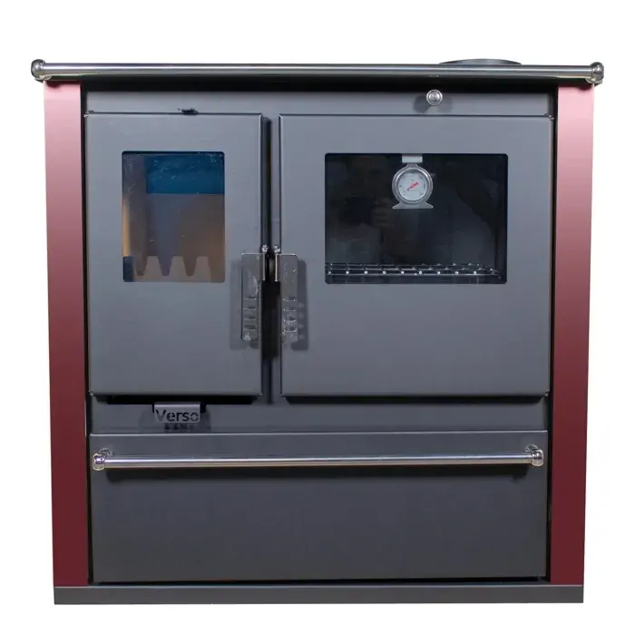 Cuisinière à Bois Verso CS Plus - 77 kW Plaque Supérieure en Métal Four Inox et Panneaux Latéraux Peints Bordeaux