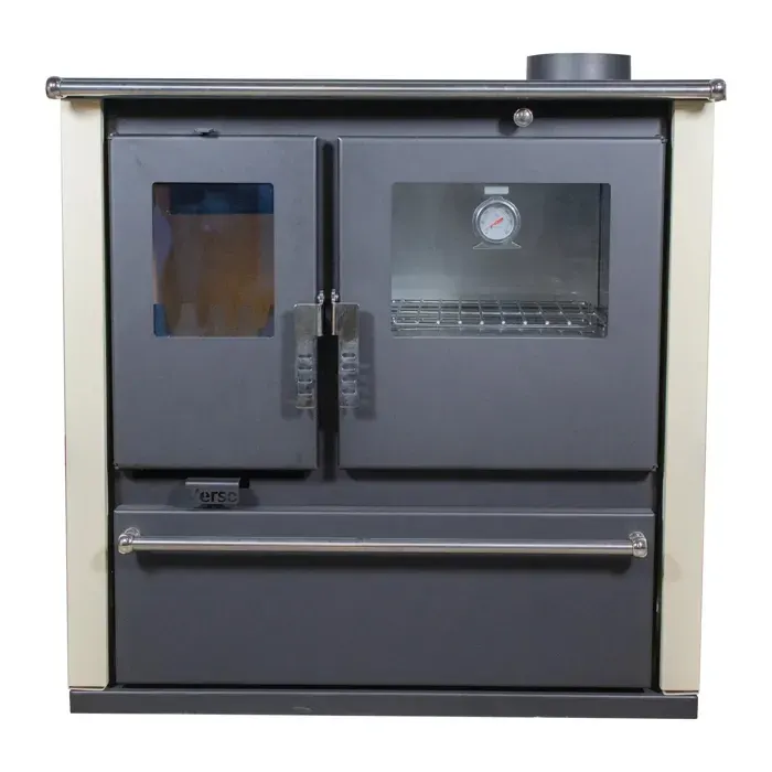 Cuisinière à Bois Verso CS Plus - 77 kW Plaque Supérieure en Métal Four Inox Panneaux Ivoire Vernis