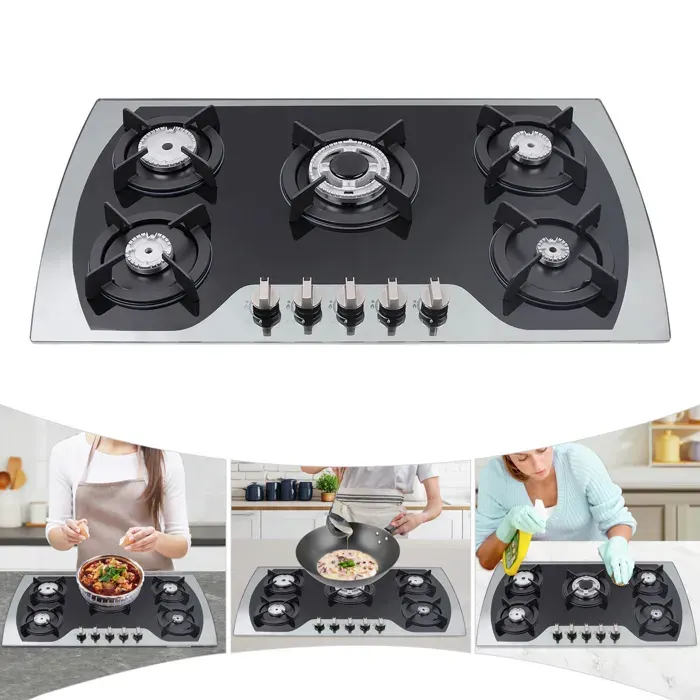 Cuisinière à Gaz avec 5 Brûleurs - Cuisinière à Gaz GPL/GN - (Avec Protection Contre Fuites de Gaz) - Comptoirs en Verre Trempé