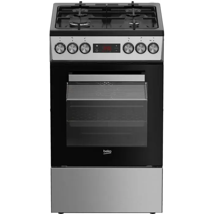 Cuisinière à gaz gris/argent - Beko - Four électrique - Grill électrique - Nettoyage à la vapeur - Allumage électrique