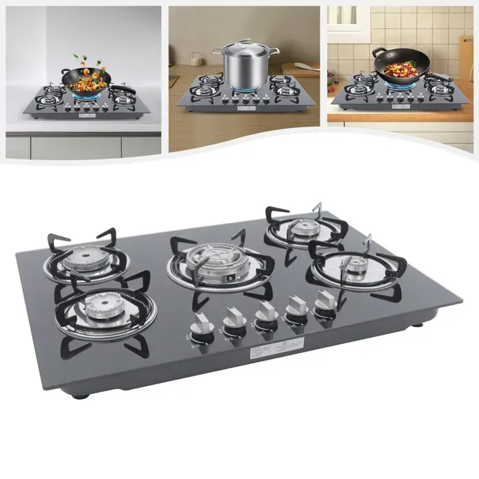 Cuisinière à Gaz Intégrée avec 5 Brûleurs - Plaque Gaz Naturel - Cuisinière à Gaz Naturel - Surface en Verre Trempé - 5 Feux