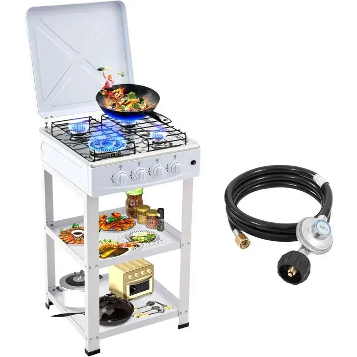 Cuisinière à gaz portable 4 brûleurs avec support et capot pare-vent plaque de cuisson au propane