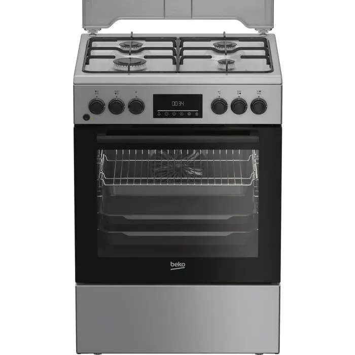 Cuisinière à gaz pose libre gris/argent - BEKO - Four électrique - 4 brûleurs à gaz - Gril électrique