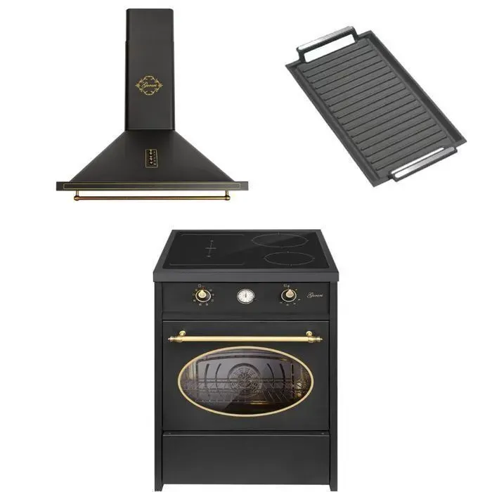 Cuisinière à induction - GURARI - GCH E 612 BL r - 60 cm - Four électrique + hotte aspirante GCH 975 Bl 6 + Plaque de gril — coloris Noir