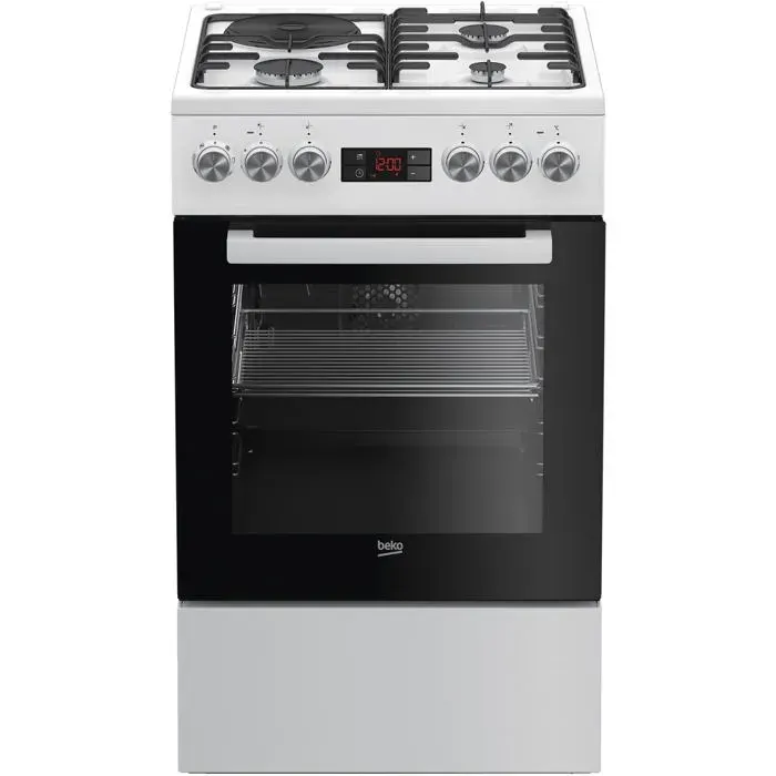 Cuisinière combinée blanche - Beko - Four électrique - Gril électrique - 1 foyer chauffant en fonte + 3 brûleurs à gaz