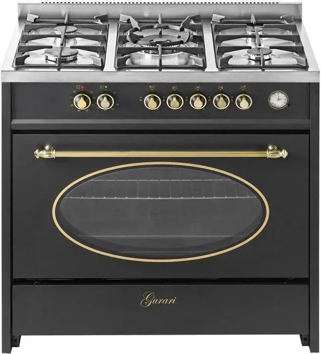 Cuisinière gaz pose libre 90 cm GURARI GCH E 914 Bl r Style retro • Four électrique multifunction • 5 brûleurs Wok — coloris Noire