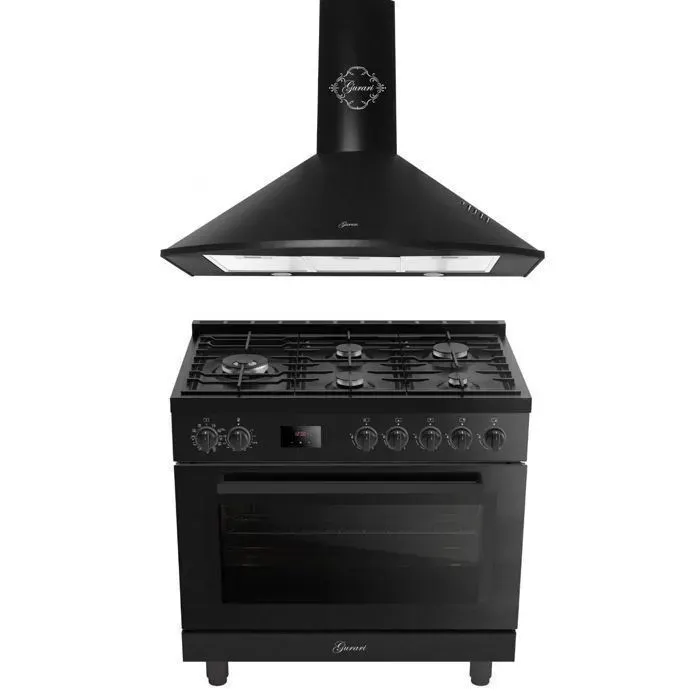 Cuisinière mixte gaz/électrique - GURARI - Ensemble 90 cm - Four XXL 126 L - Air Fry - Hotte 1000 m³/h - 5 brûleurs — coloris Noire