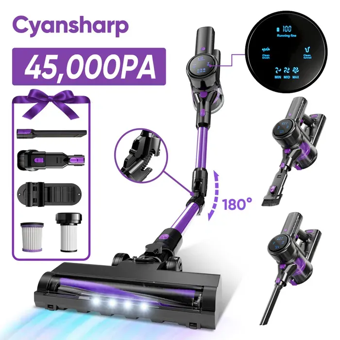CYANSHARP V8 Aspirateur Balai Sans Fil Aspirateur Sans Sac 130AW 3 Vitesses écran 100kRPM BLDC Moteur EU 7*Batterie CE Rohs
