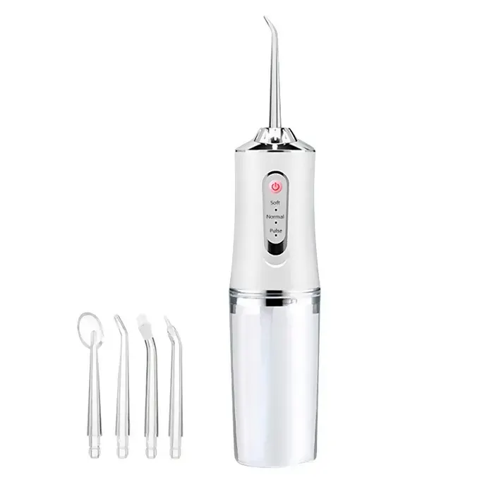 DAM Irrigateur buccal rechargeable avec 4 buses. Réservoir de 230 ml rotation à 360 et 3 modes dutilisation. Blanc