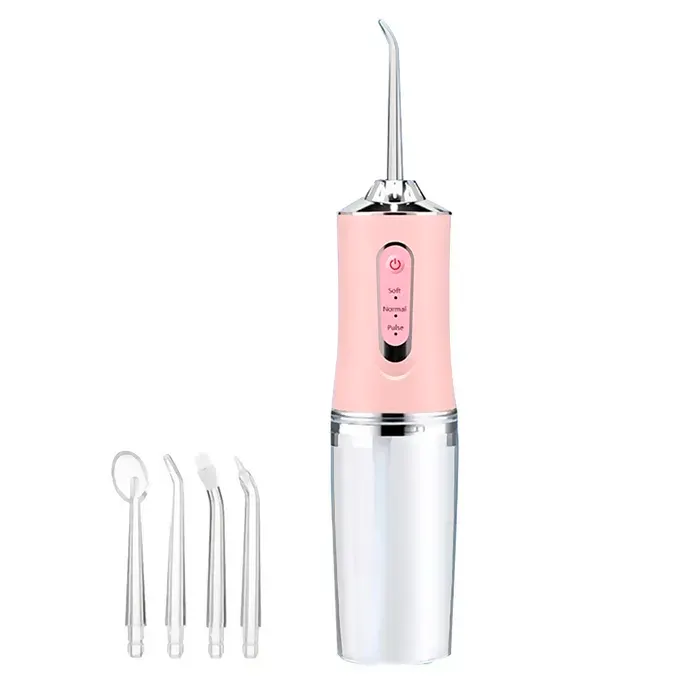 DAM Irrigateur buccal rechargeable avec 4 buses. Réservoir de 230 ml rotation à 360 et 3 modes dutilisation. Rose