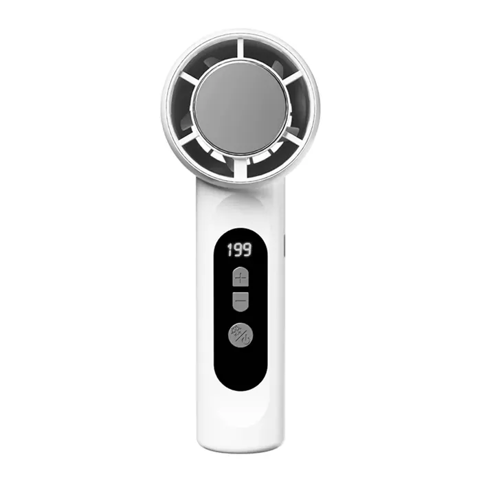 DAM Mini ventilateur portable rechargeable avec 5 vitesses principales et panneau de refroidissement. 6x6x16 Cm. Couleur : Blanc