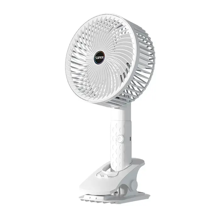 DAM Ventilateur portable de 5W avec batterie rechargeable rotation à 360° et pince de prise. 16x8x29 Cm. Couleur : Blanc