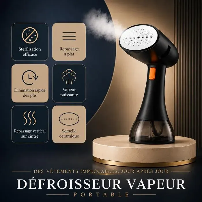 Défroisseur Vapeur 1500W Portable – Réservoir 335 ml Chauffe Rapide 20s Anti-Plis Tous Tissus