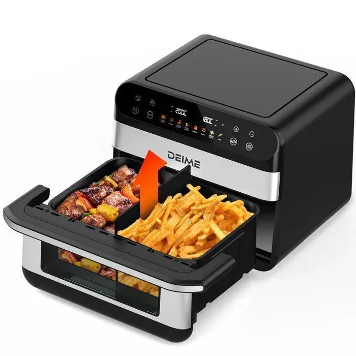 DEIME Air Fryer 5L+5L - Friteuse sans huile Capacité 10L - 8 Préprogrammes - 2400W - Séparateur amovible - Fenêtre - Noir