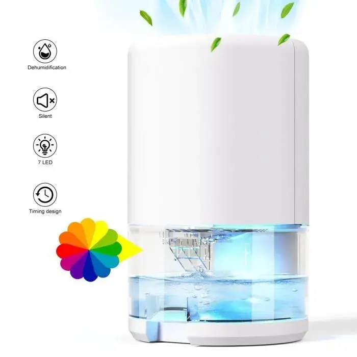 Déshumidificateur 2 modes arrêt automatique lumière LED 7 couleurs réservoir deau 1000 ml adapté aux chambres