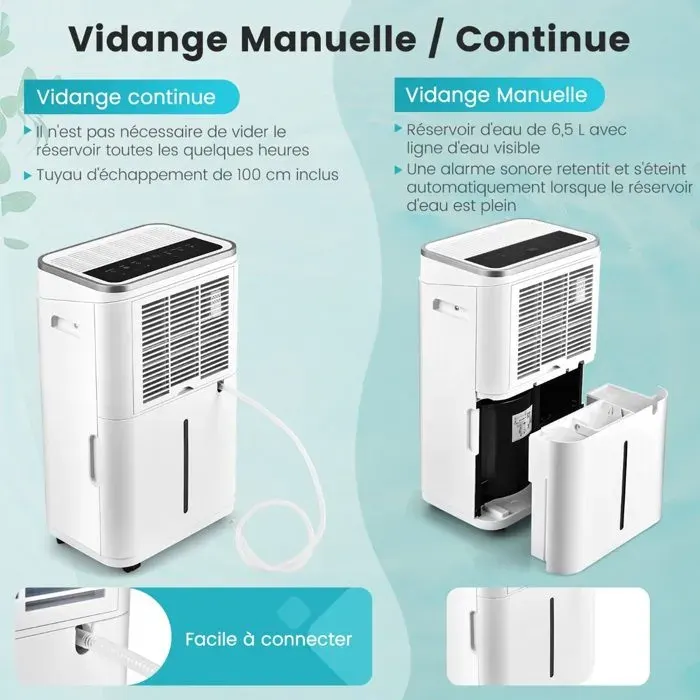 Déshumidificateur 25 L/jour avec réservoir 65 L écran LED et indicateur dhumidité 3 couleurs pour maison bureau et sous-sol