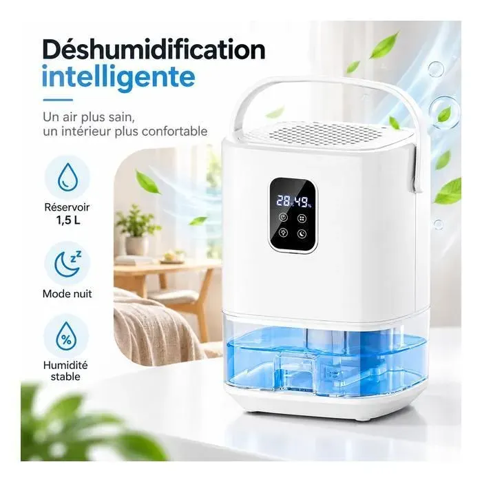 Déshumidificateur d’Air 15 L Hygrostat Intelligent Écran Digital Mode Nuit Séchage du Linge Arrêt Auto Veilleuse 7 Couleurs