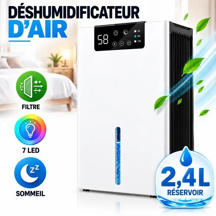 Déshumidificateur dair 2.4L – Affichage du taux dhumidité Arrêt automatique Minuterie Filtre lavable Éclairage LED Pour Salon