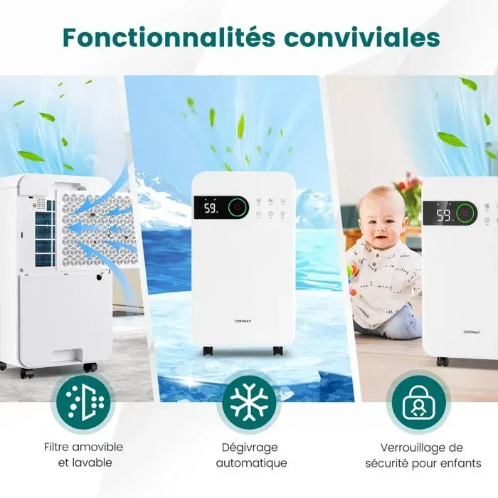 Déshumidificateur dair blanc 15 L avec mode nuit minuterie 24 h et 3 modes pour chambre salon et sous-sol