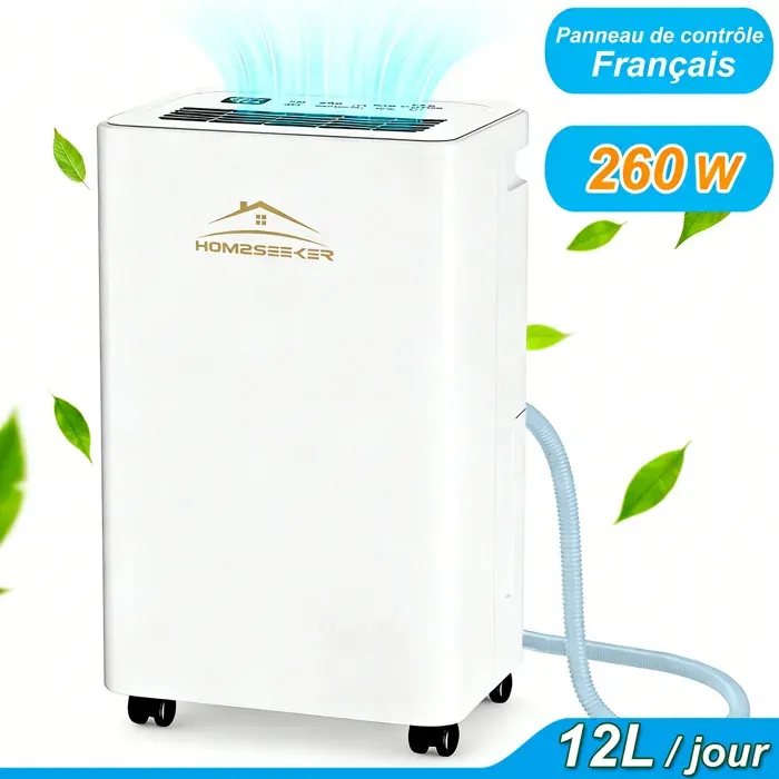 Deshumidificateur dair Electrique 12L/jour - 260W - 3 Modes avec Mode Sèche-linge Professionnel pour 45m² Maison Bain Chambre