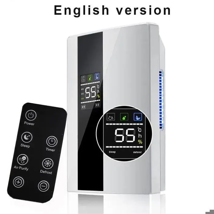 Déshumidificateur et Purificateur dAir 2 en 1 – 2200ml/24h – Télécommande – Affichage Humidité/Température – Maison et Cuisine