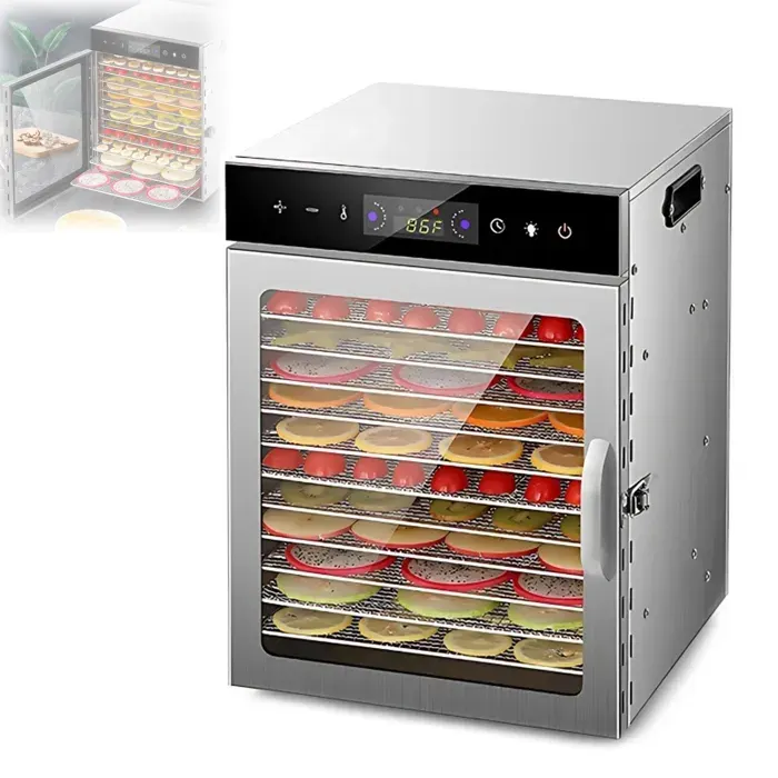 Déshydrateur Alimentaire 12 Plateaux en Acier Inoxydable Température Réglable de 30 à 90 °C Minuterie 24H pour Fruits Légumes