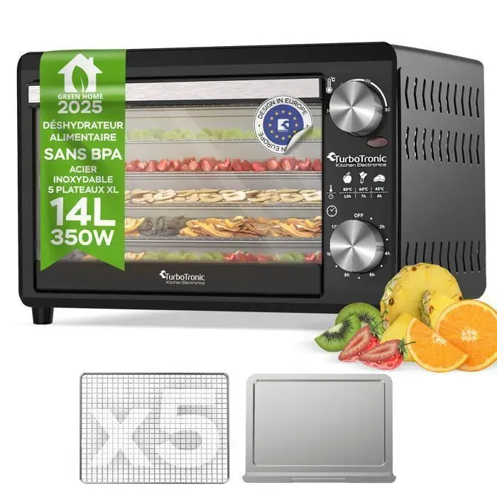 Déshydrateur Alimentaire TURBOTRONIC FD14 – 14 L – 5 Plateaux – Température Réglable 30-80 °C – Minuterie – Sans BPA – Noir