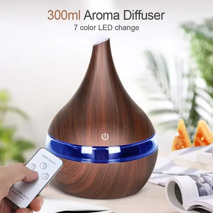 Diffuseur huiles Essentielles Diffuseur de Parfum Electrique 300ml Humidificateur Ultrasonique LED 7 Couleurs et Télécommande