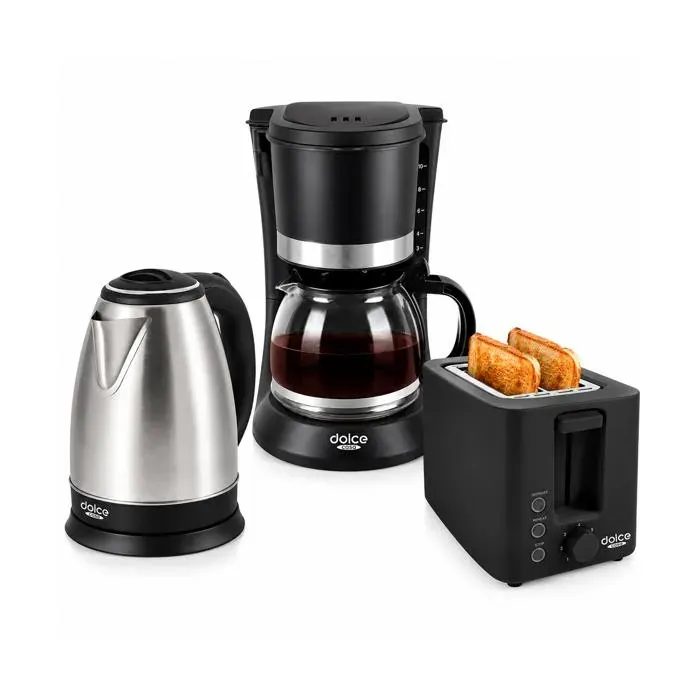 Dolce Casa Pack Petit-Déjeuner Noir Bouilloire 18L + Cafetière Filtre 12L + Grille-Pain 2 Tranches