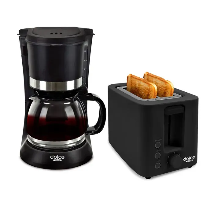 Dolce Casa Pack Petit-Déjeuner Noir Cafetière Filtre 12L 8-12 Tasses 900W + Grille-Pain 2 Tranches 700W