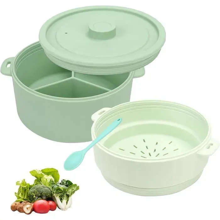 Double Cuiseur Vapeur Micro-ondes Vert 1.5L Récipient Lave-Vaisselle pour Cuisson Conservation Aliments Sains