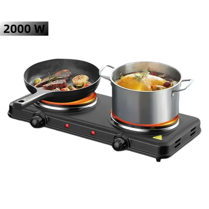 Double Plaque Chauffante 2000W Plaque de Cuisson Double en Fonte Multifonction pour la Maison Cuisinière 5 Réglages de Température