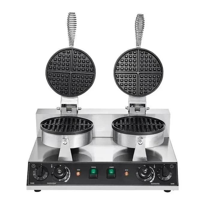 Double tête gaufrier commercial 2460 W appareil à gaufre ronde pour restaurant et snack bar acier inoxydable — coloris Argent