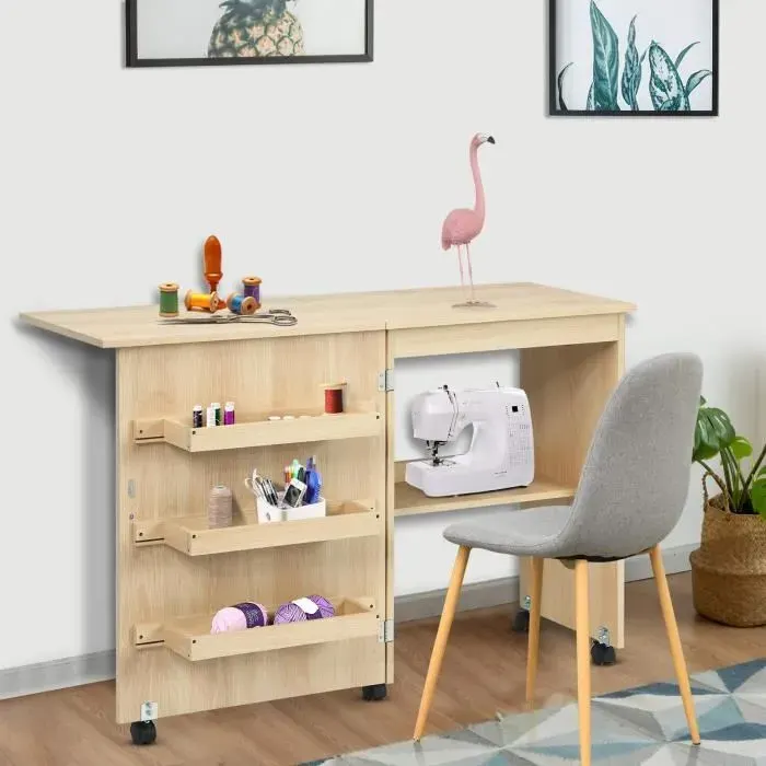 DREAMADE Table pour Machine à Coudre en Bois Pliable et Mobile Armoire Machine à Coudre avec 4 Étagères 1165 x 498 x 775CM