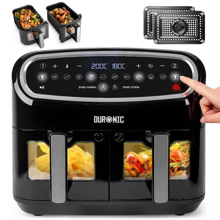 Duronic AF24 Friteuse à air de 2400 W Deux tiroirs de cuisson de 5 litres chacun Fonctions Sync Cook et Sync Finish 10 modes