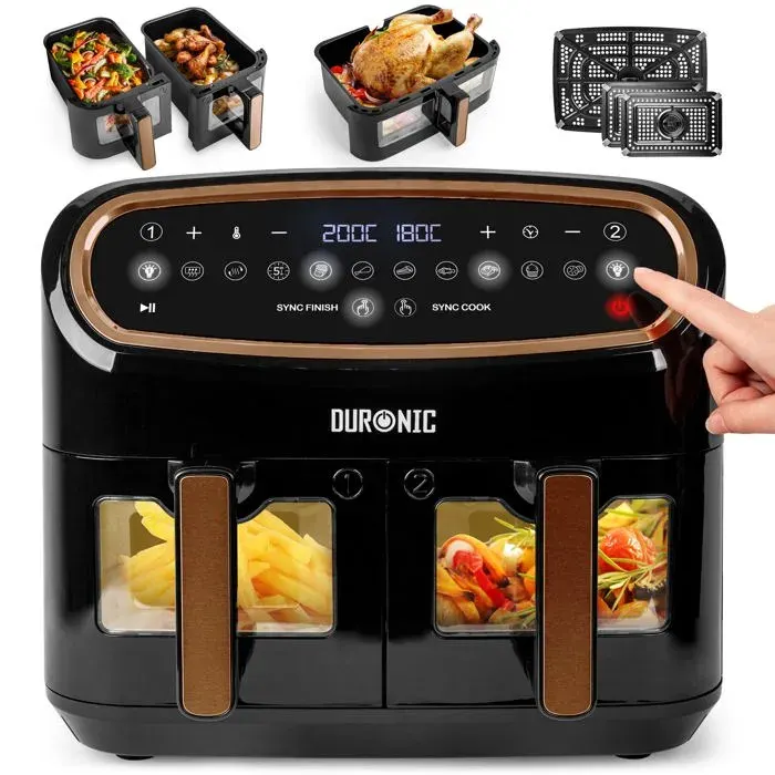 Duronic AF34 BG Set Friteuse à Air avec 1 grand tiroir de 10L et 2 petits tiroirs de 5L inclus 10 Programmes de Cuisson Préréglés