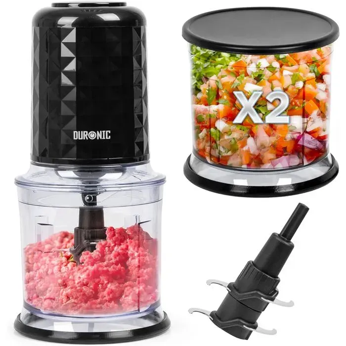 Duronic CH57 BK Mini hachoir 500W avec 2 bols de 700 ml avec couvercle Robot culinaire pour légumes fruits noix épices Permet de pré