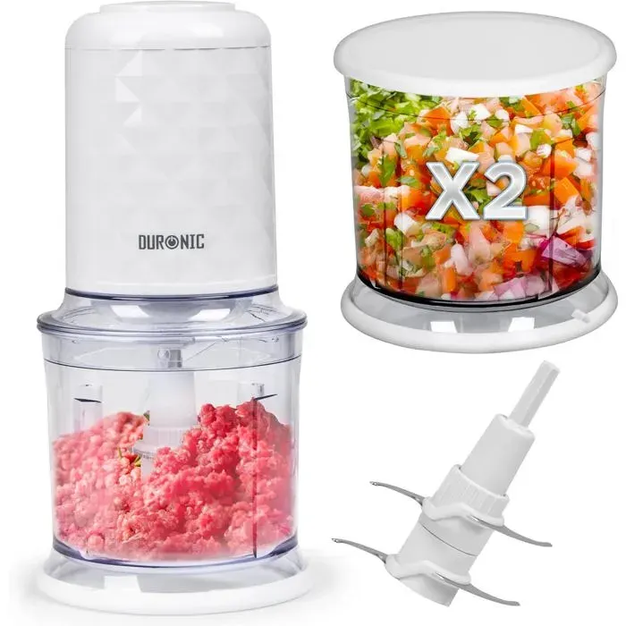 Duronic CH57 WE Mini hachoir 500W avec 2 bols de 700 ml avec couvercle Robot culinaire pour légumes fruits noix épices Permet de pré