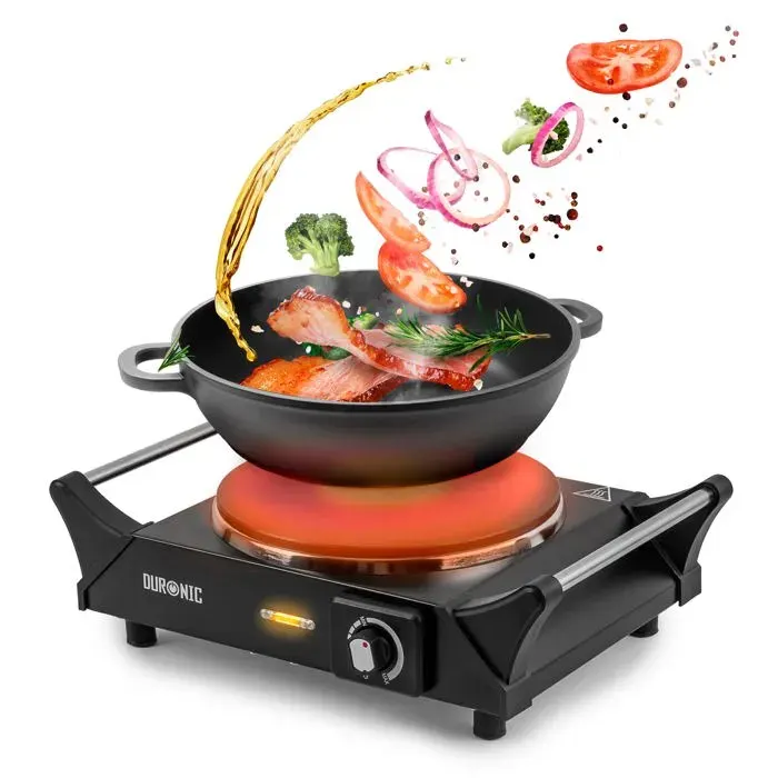 Duronic HP1 BK Plaque de cuisson électrique 1500W avec 1 foyer 20 cm Foyer en fonte Réchaud avec thermostat réglable Poignées ergono