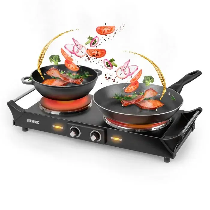 Duronic HP2 BK Plaque de cuisson électrique 2500W avec 2 foyers 20 et 15 cm Foyers en fonte 20 et 15 cm Réchaud avec thermostat régl