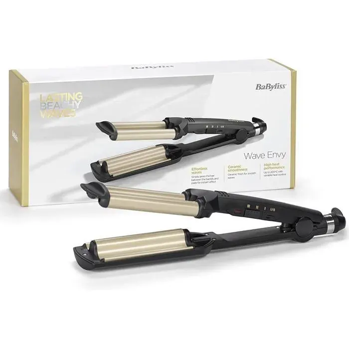 Easy Waves Effet wavy Revêtement Titanecéramique 3 réglages de température Embouts thermorésistants Doré Noir FER A FRISER